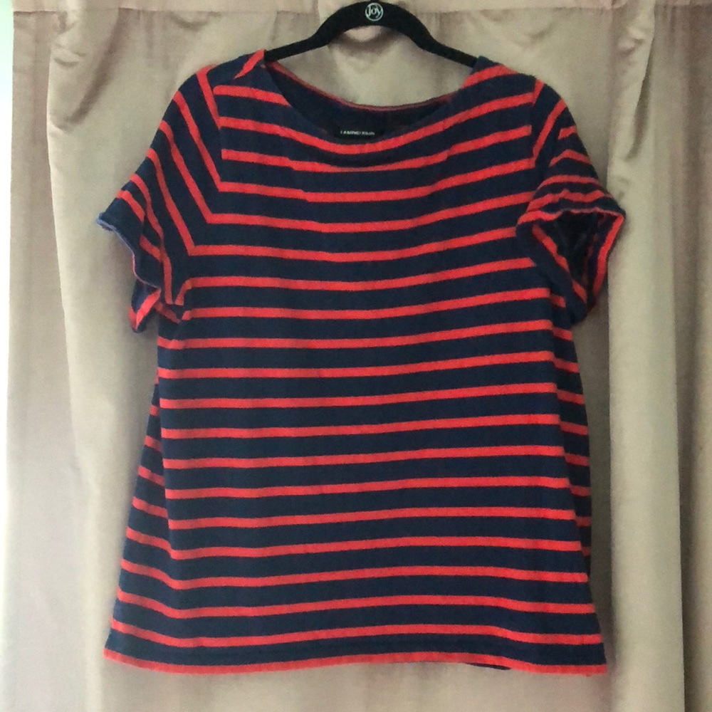 Red and navy striped Lands’ End tee shirt with ruffled sleeves
